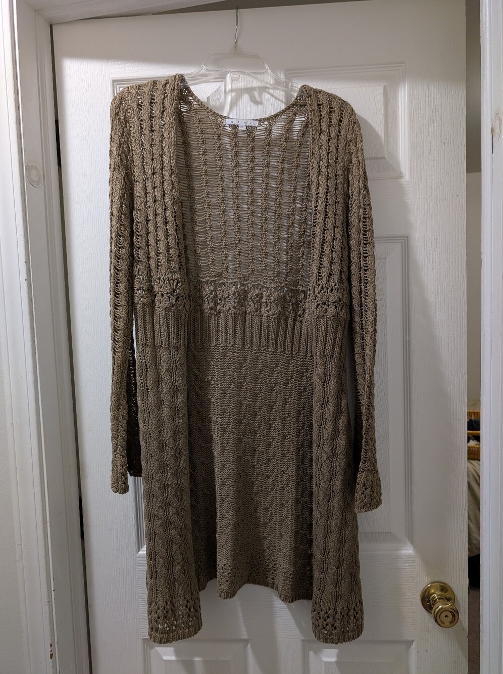 CAbi Open-Weave Long Cardigan in Taupe